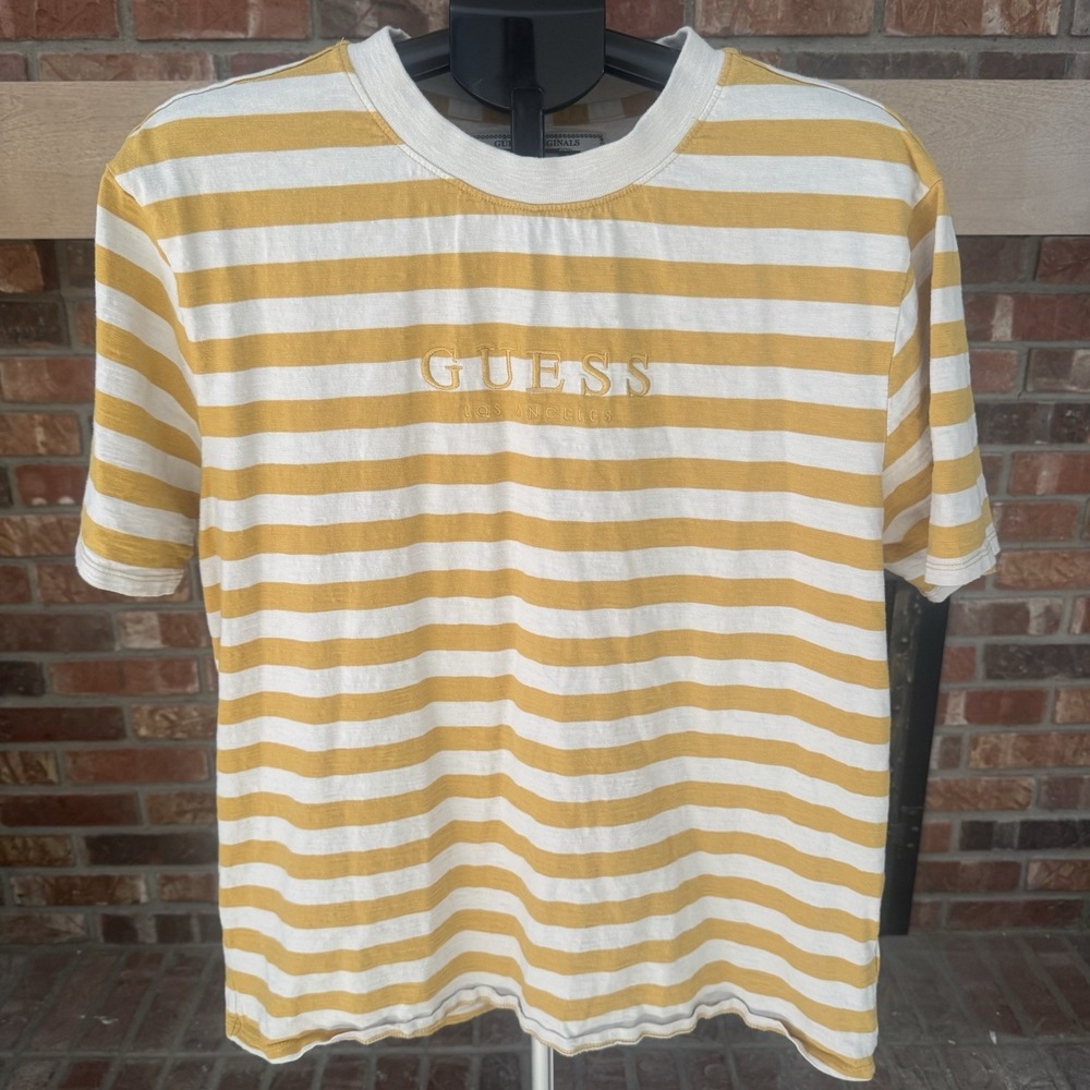 Guess Los Angeles Yellow White Strip Short Sleeve Men's Large TShirt Embroidered